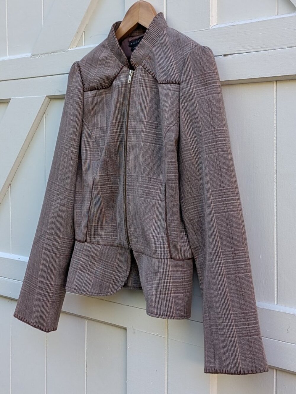 Vintage Parallel Glen Plaid Whipstitch Western Zip Jacket Blazer Brown 10
